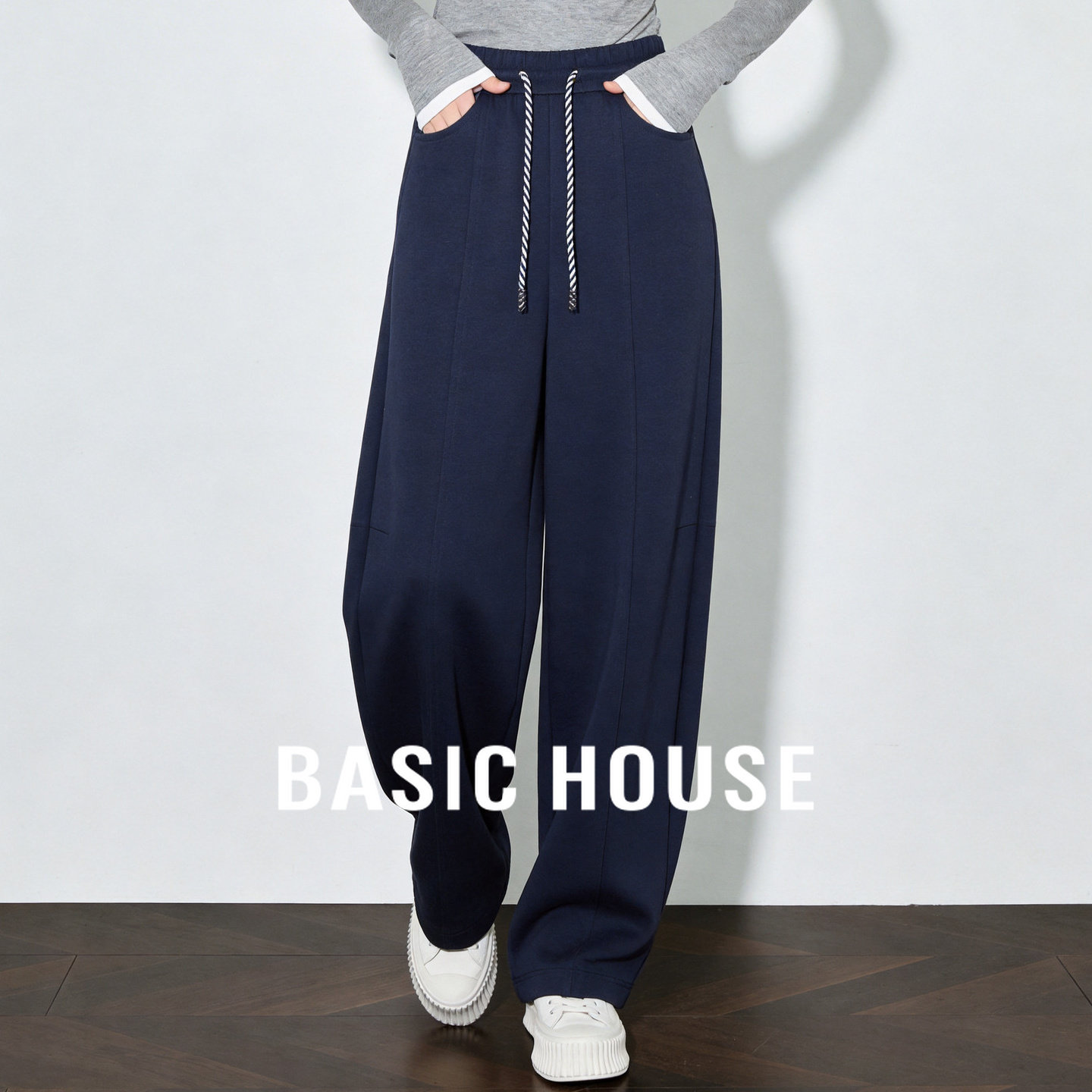 Basic House/百家好松紧腰抽绳阔腿卫裤女慵懒风宽松垂感休闲长裤