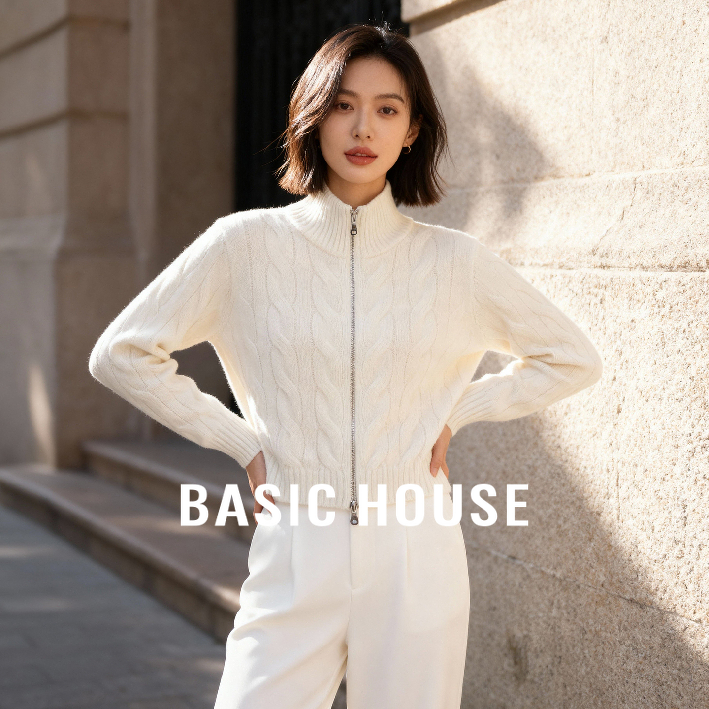 Basic House/百家好绵羊毛双头拉链落肩开衫外套秋冬纯色立领毛衣