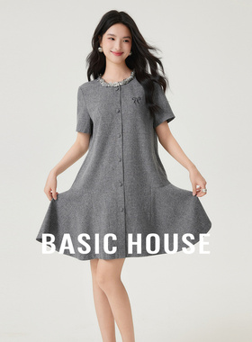 Basic House/百家好蝴蝶刺绣亮片领口连衣裙夏季高级中长款裙子女