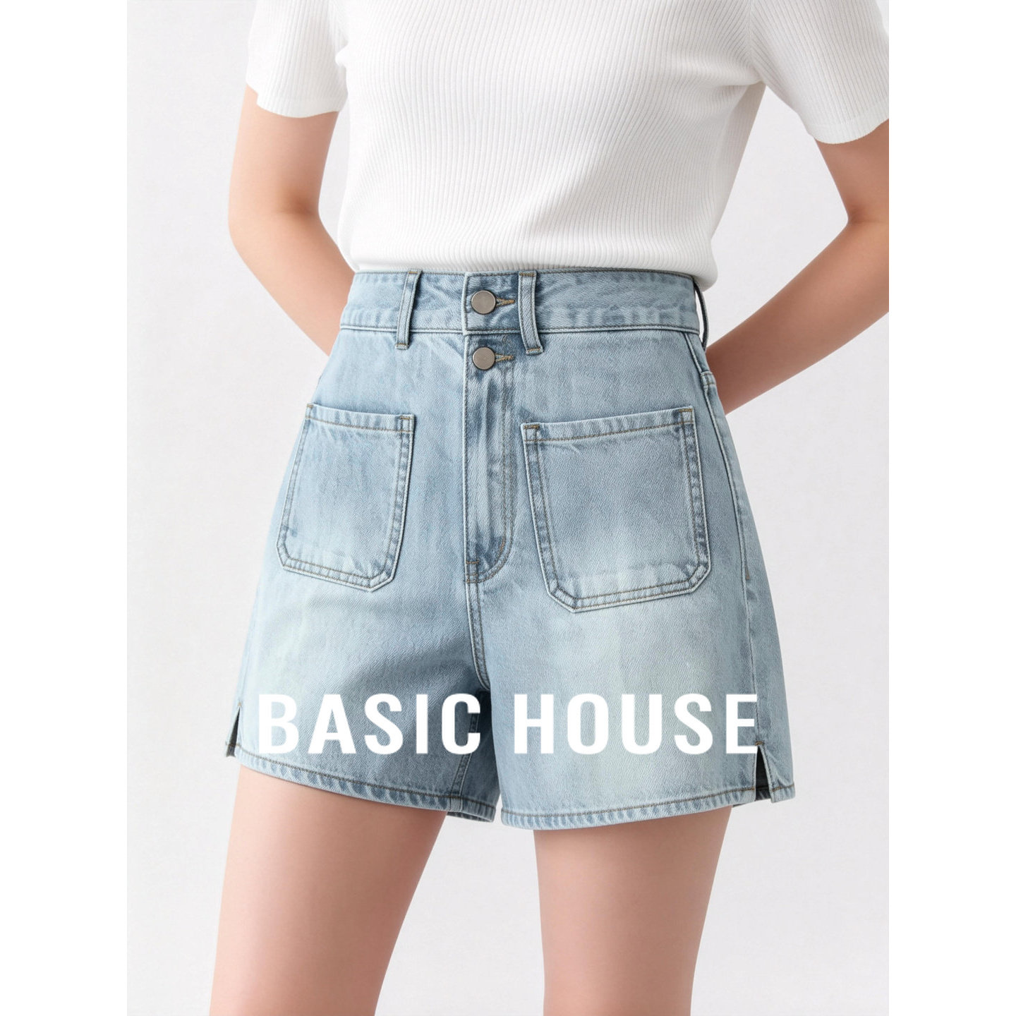Basic House/百家好夏季新款通勤短款直筒裤高腰修身显瘦牛仔短裤