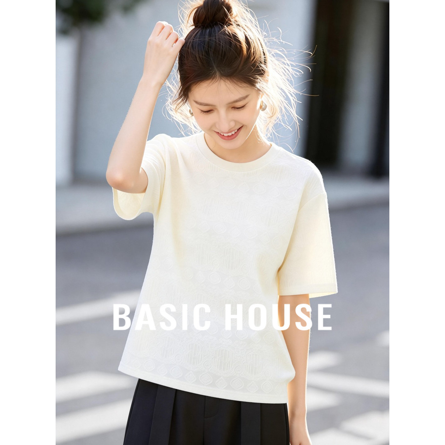 Basic House/百家好白色T恤女2026夏季新款宽松显瘦休闲短款上衣