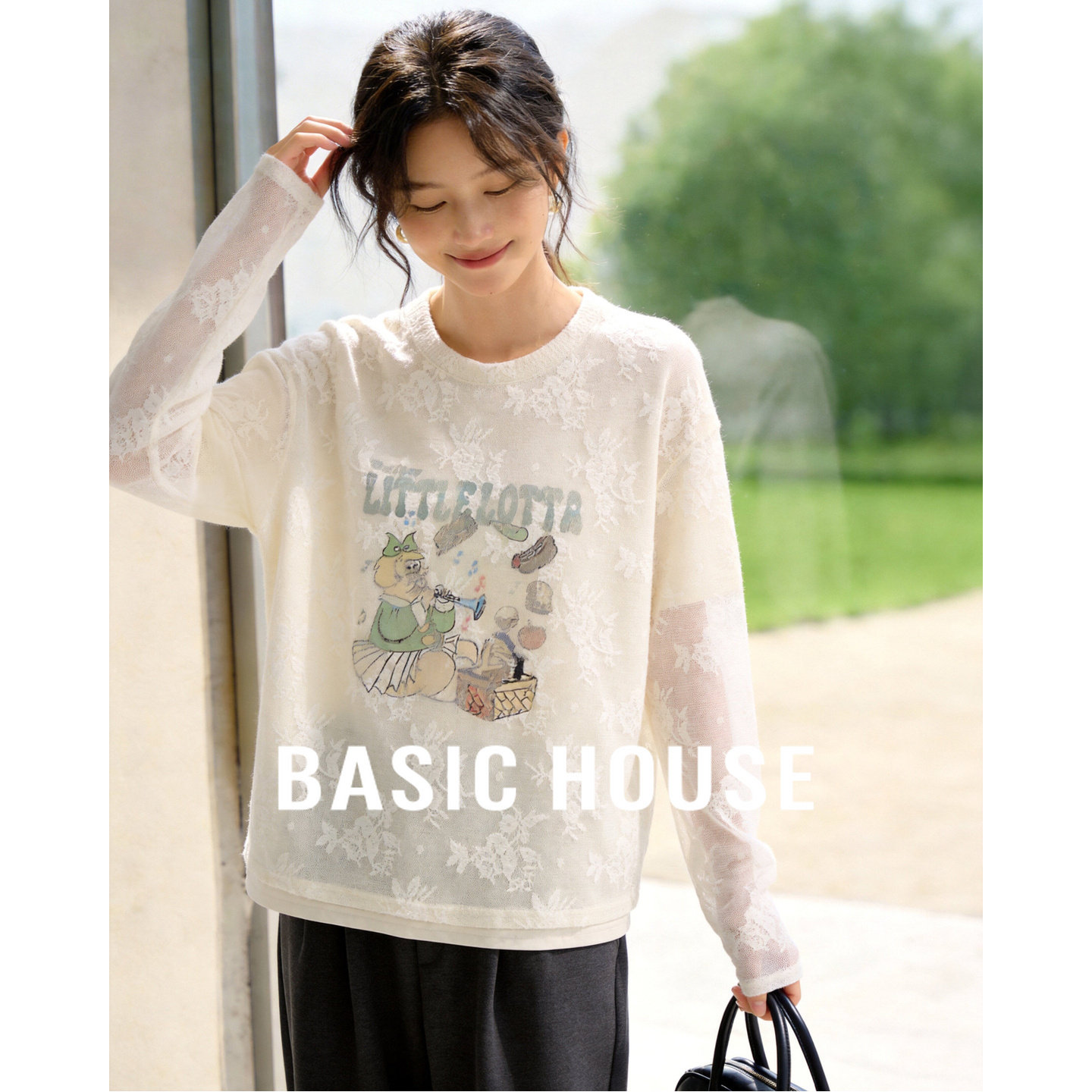 百家好假两件蕾丝长袖T恤女春季新款卡通印花减龄温柔风宽松上衣