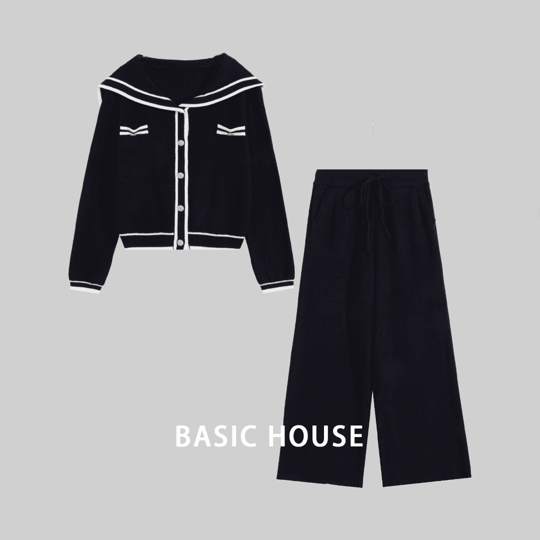 Basic House/百家好韩系时尚套装小香风长袖针织衫休闲长裤两件套