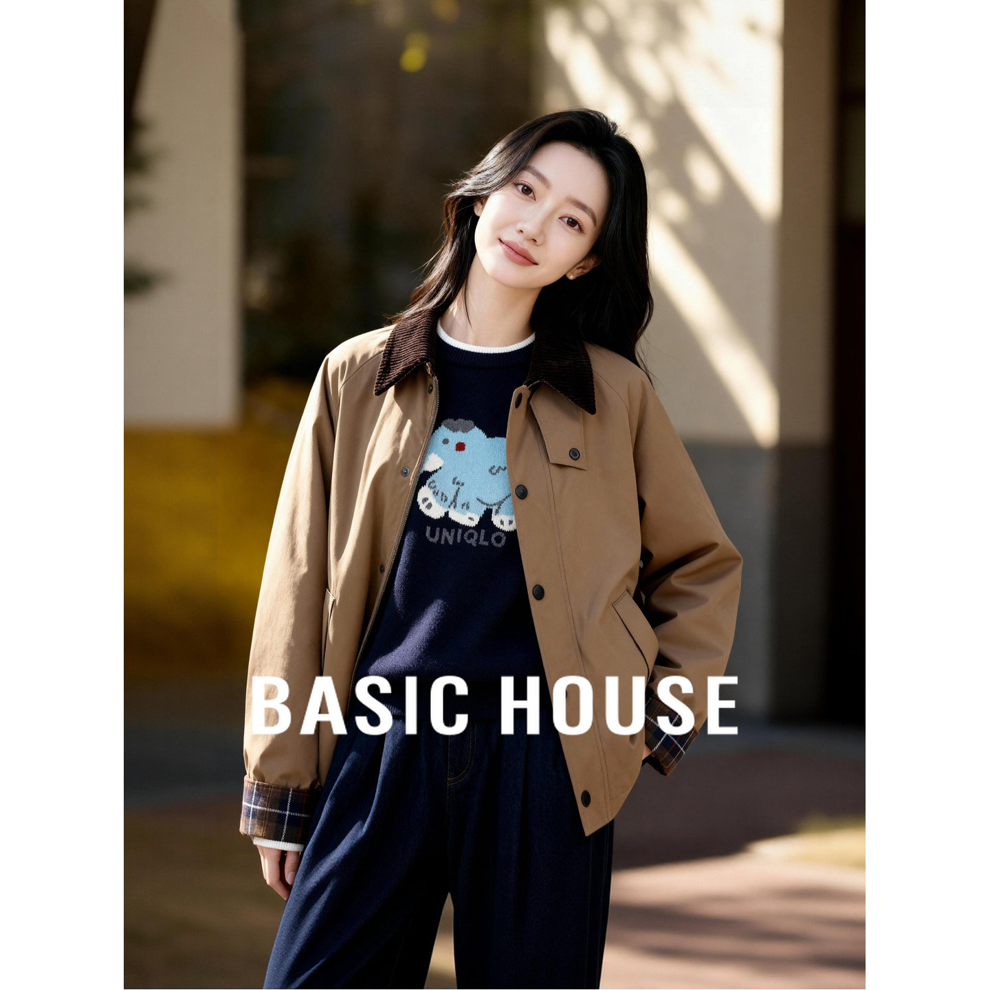 Basic House/百家好翻领撞色短款棉服女冬季加厚保暖百搭简约外套