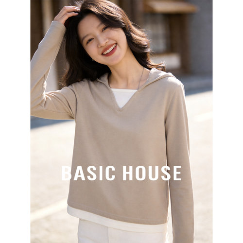 Basic House/百家好假两件连帽长袖T恤女春季宽松显瘦V领拼接上衣
