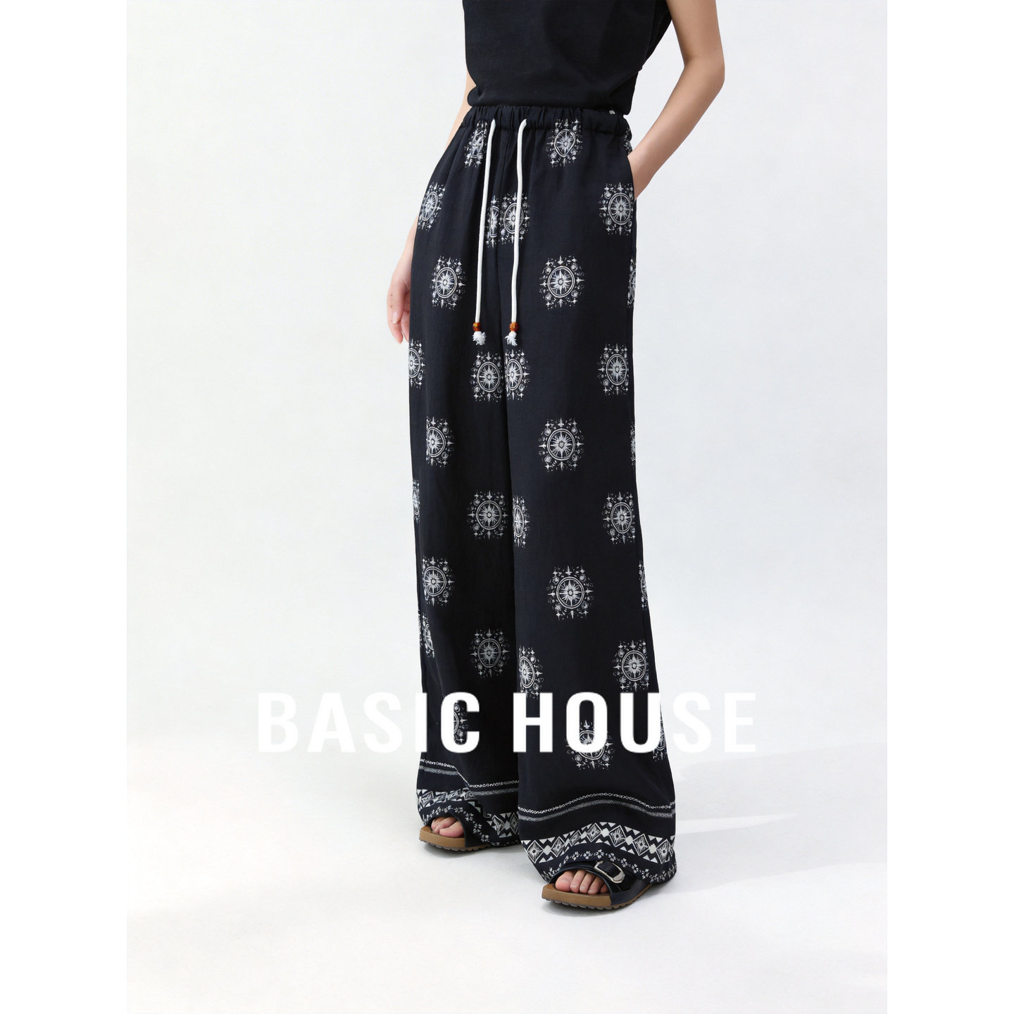 Basic House/百家好复古度假印花阔腿裤女夏季高腰直筒天丝休闲裤