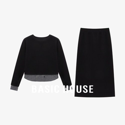 Basic House/百家好灯芯绒套装女春季格纹拼接上衣中长款半身裙