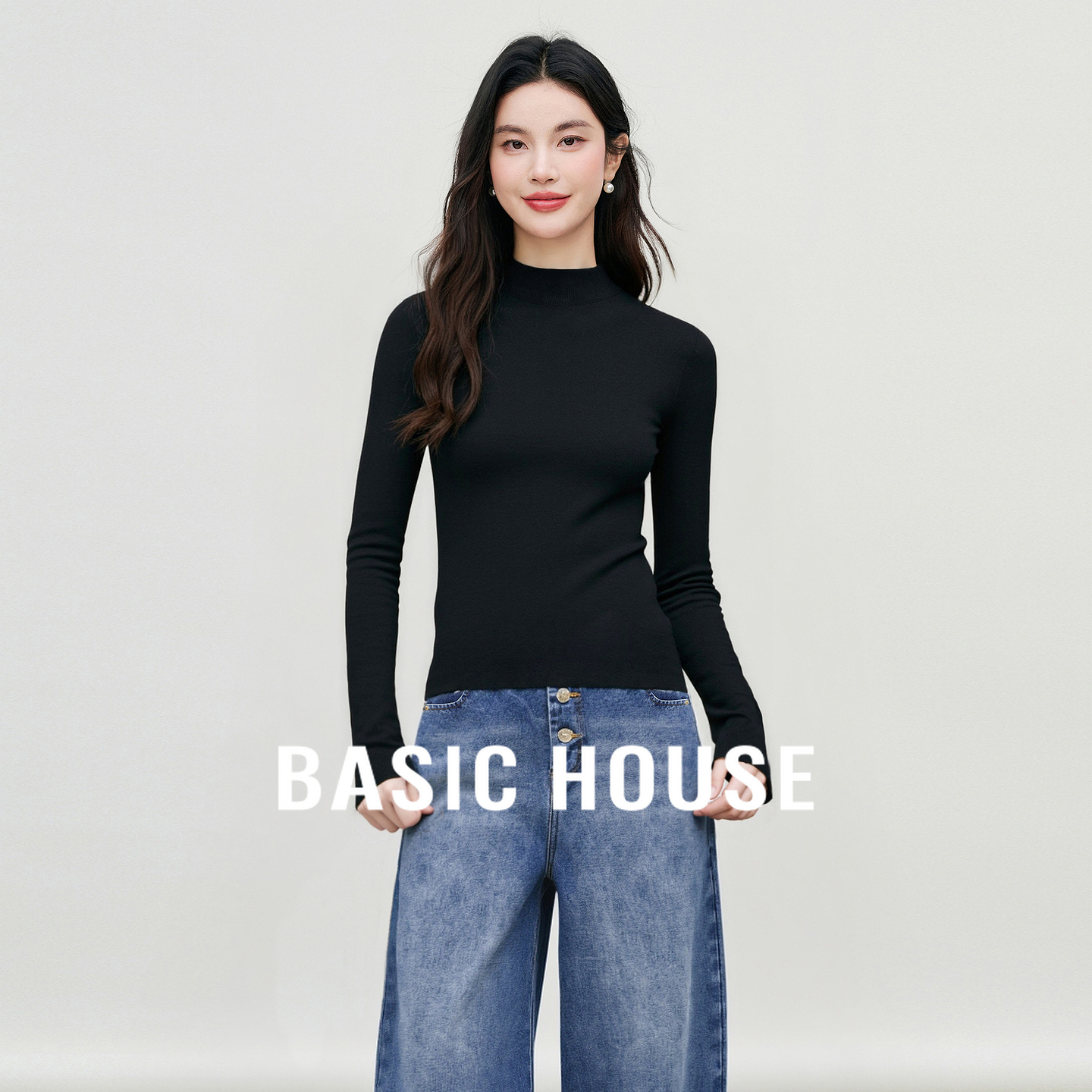 Basic House/百家好修身显瘦半高领秋冬新款简约百搭休闲针织衫女