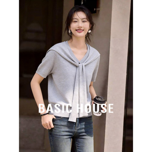 Basic House/百家好披肩V领短袖针织开衫女夏季新款纯色休闲上衣