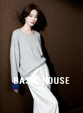 Basic House/百家好撞色拼接袖口圆领针织衫女2026春简约宽松上衣