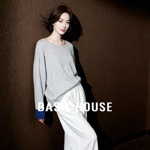 Basic House/百家好撞色拼接袖口圆领针织衫女2026春简约宽松上衣