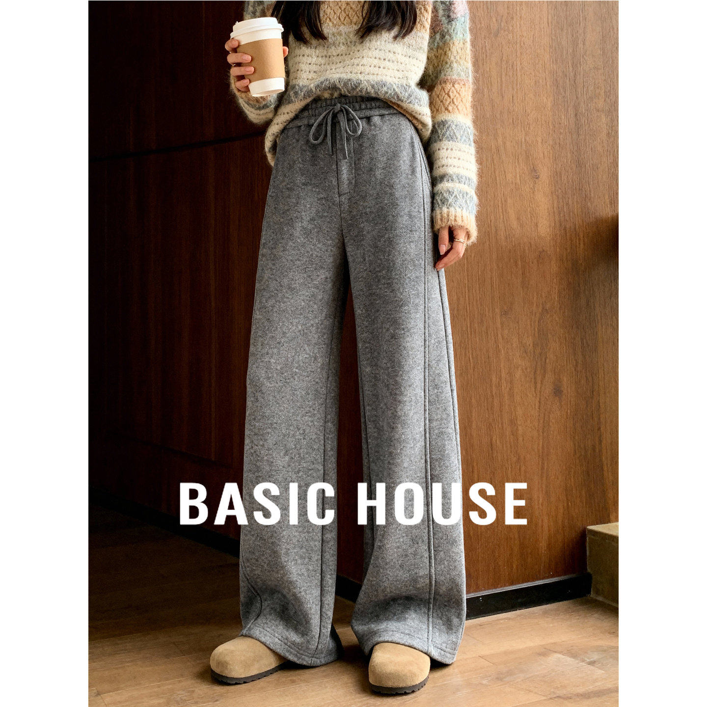 百家好灰色阔腿抽绳运动卫裤女春季新款拼接剪裁显瘦休闲直筒裤子