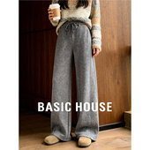 拼接剪裁显瘦休闲直筒裤 新款 子 女春季 百家好灰色阔腿抽绳运动卫裤