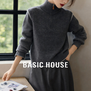 Basic House/百家好半拉链毛衣女冬季撞色明线高领设计休闲针织衫