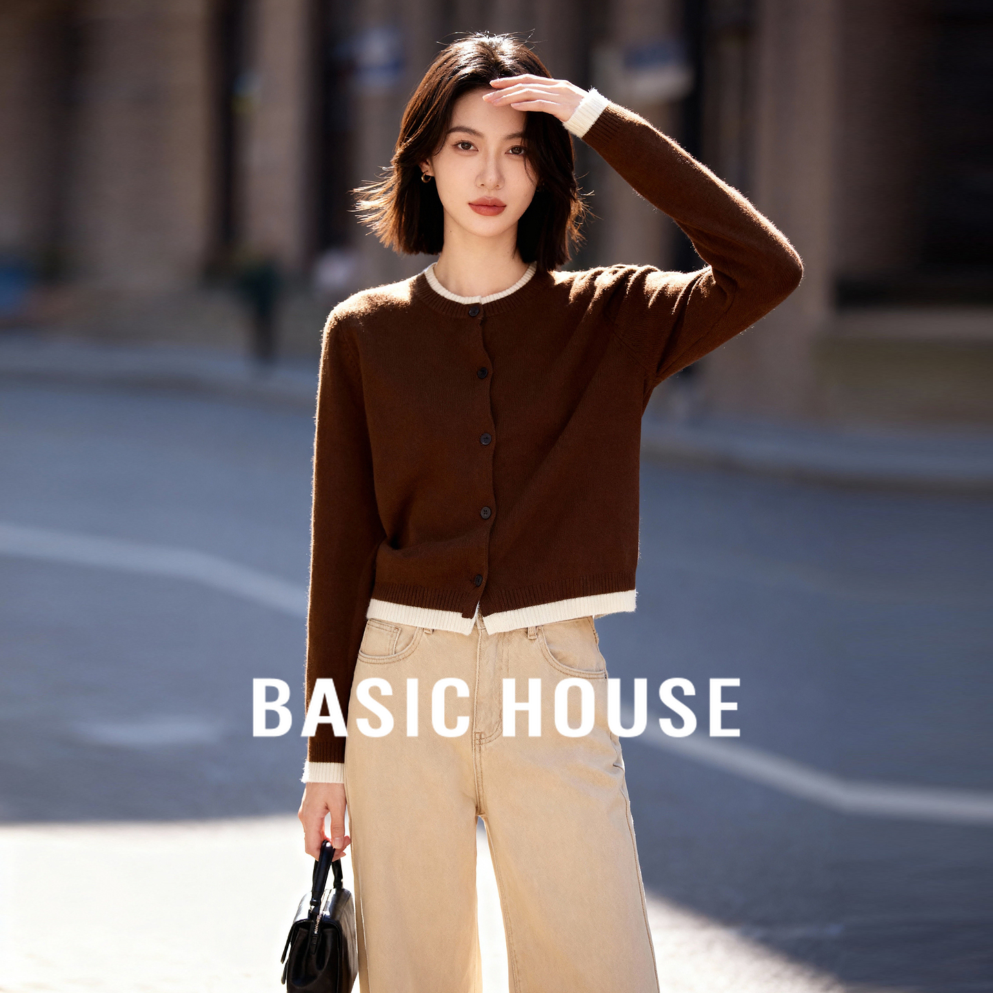 Basic House/百家好撞色假两件针织衫女秋冬新款简约圆领长袖开衫