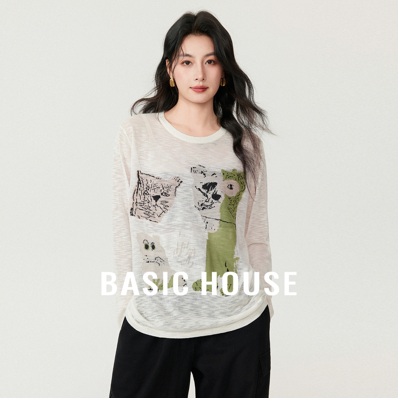 Basic House/百家好小众艺术印花设计秋冬新款宽松慵懒风针织衫女