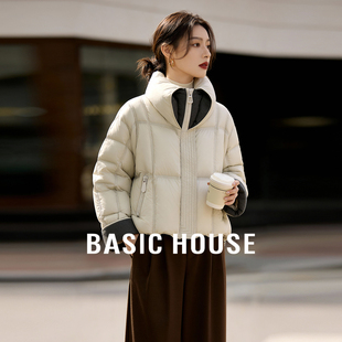 百家好韩系短款立领羽绒服女冬季新款撞色拼接宽松保暖白鸭绒外套