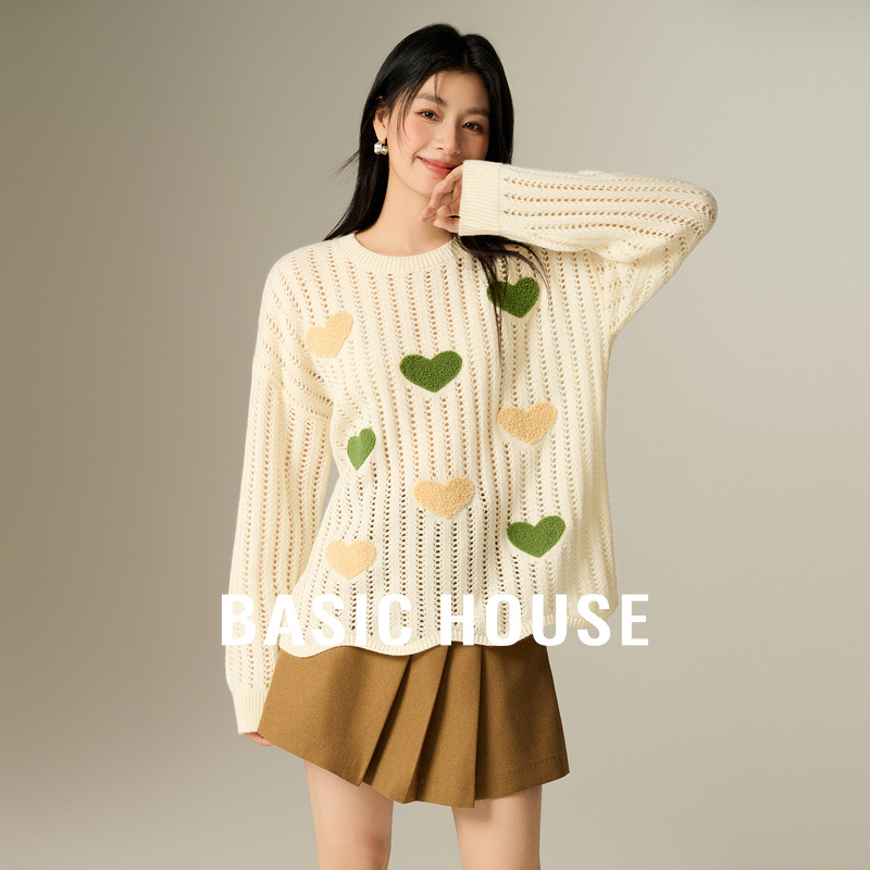 Basic House/百家好绵羊毛镂空钩花针织衫秋季减龄爱心套头上衣女