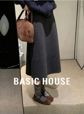 百家好羊毛蚕丝毛呢半身裙女中长款女冬季复古加厚灰色A字伞裙子