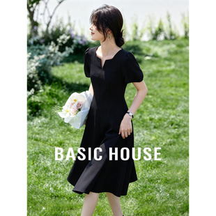 收腰显瘦优雅气质中长裙 新款 百家好赫本风黑色短袖 连衣裙女夏季