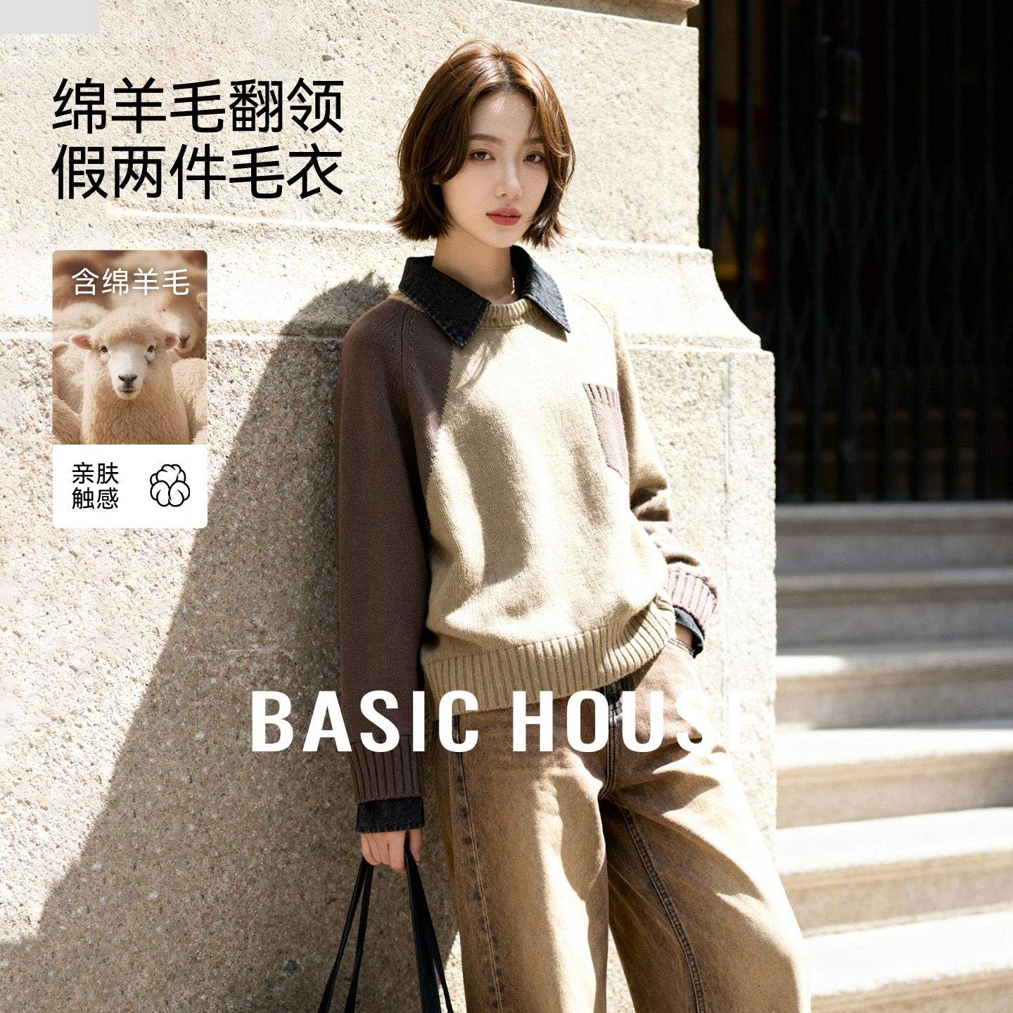 Basic House/百家好绵羊毛翻领毛衣女秋冬新款休闲假两件套头上衣