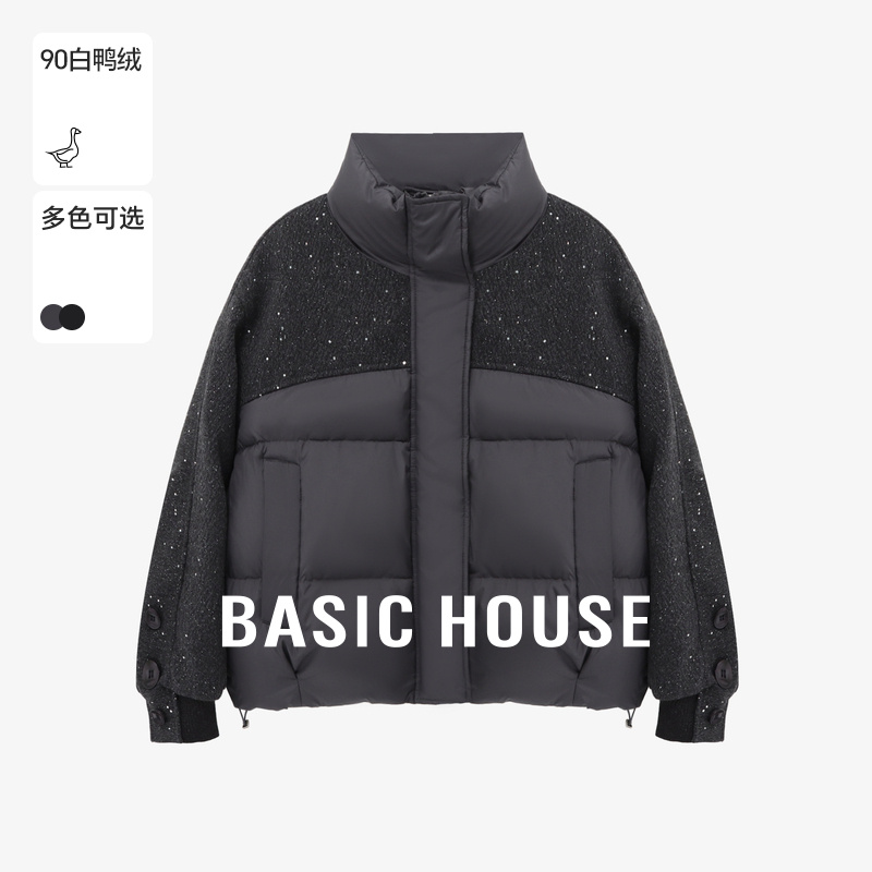 Basic House/百家好立领拼接亮钻羽绒服冬季小个子保暖轻薄外套女