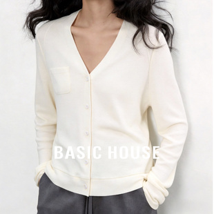 显瘦通勤长袖 Basic 女春季 百家好简约V领单排扣针织开衫 House