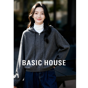 百家好深灰色慵懒连帽针织开衫外套女冬季新款小个子拉链开衫毛衣