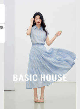 Basic House/百家好蓝色条纹衬衫连衣裙女25夏收腰无袖法式衬衣裙