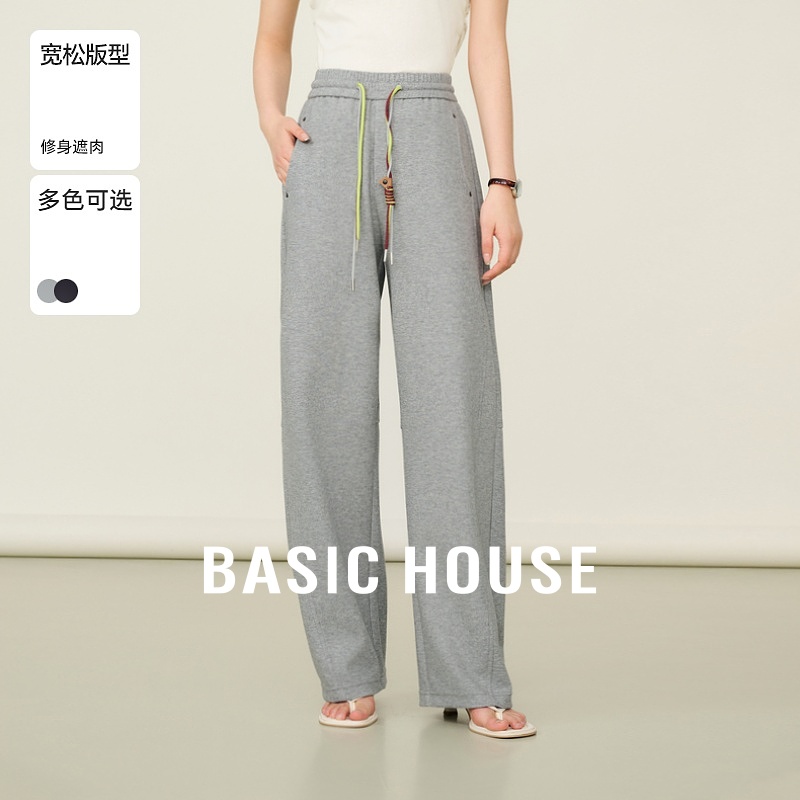 Basic House/百家好松紧腰弯刀休闲裤女秋季新款宽松抽绳运动长裤