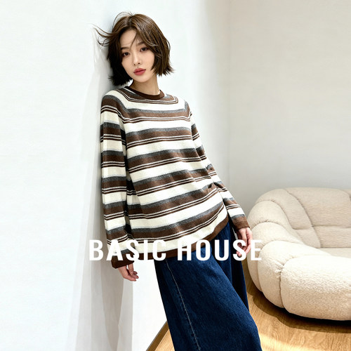 Basic House/百家好条纹撞色时尚百搭秋冬新款宽松圆领套头针织衫