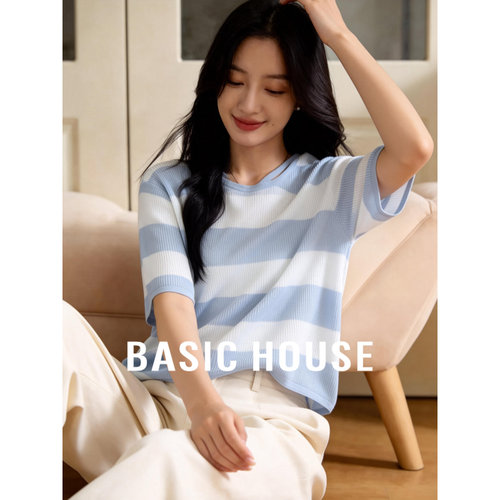 Basic House/百家好莱赛尔条纹不对称针织衫夏新款镂空短袖上衣