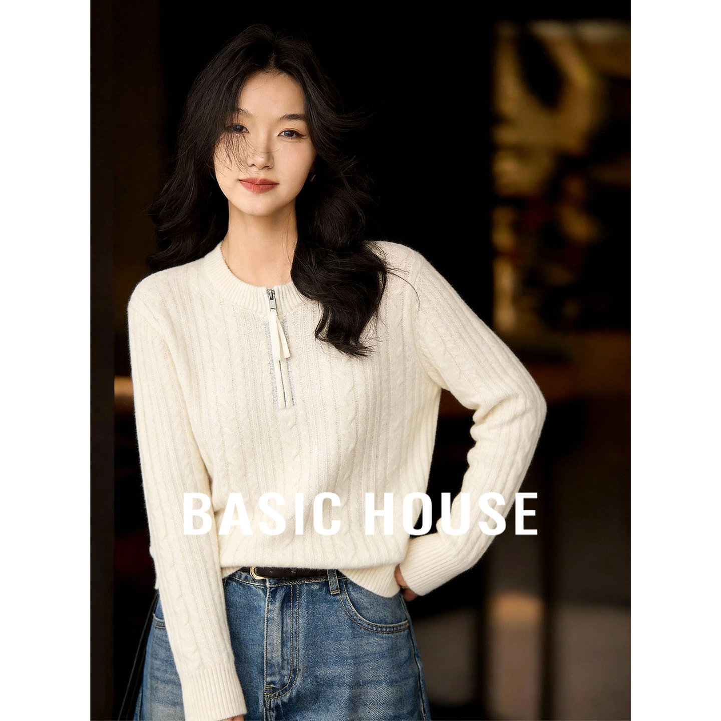 百家好休闲白色半开领毛衣女士春季2026新款圆领百搭显瘦气质上衣,女装/女士精品,毛衣,淘宝优惠券,粉丝福利购,淘宝优惠卷