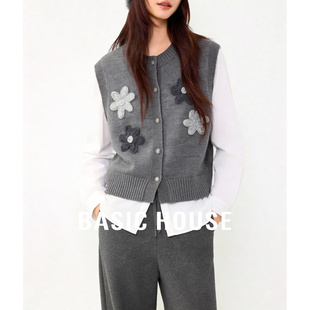 百家好深灰立体花朵贴布假两件上衣针织马甲拼接春季 显瘦百搭毛衣