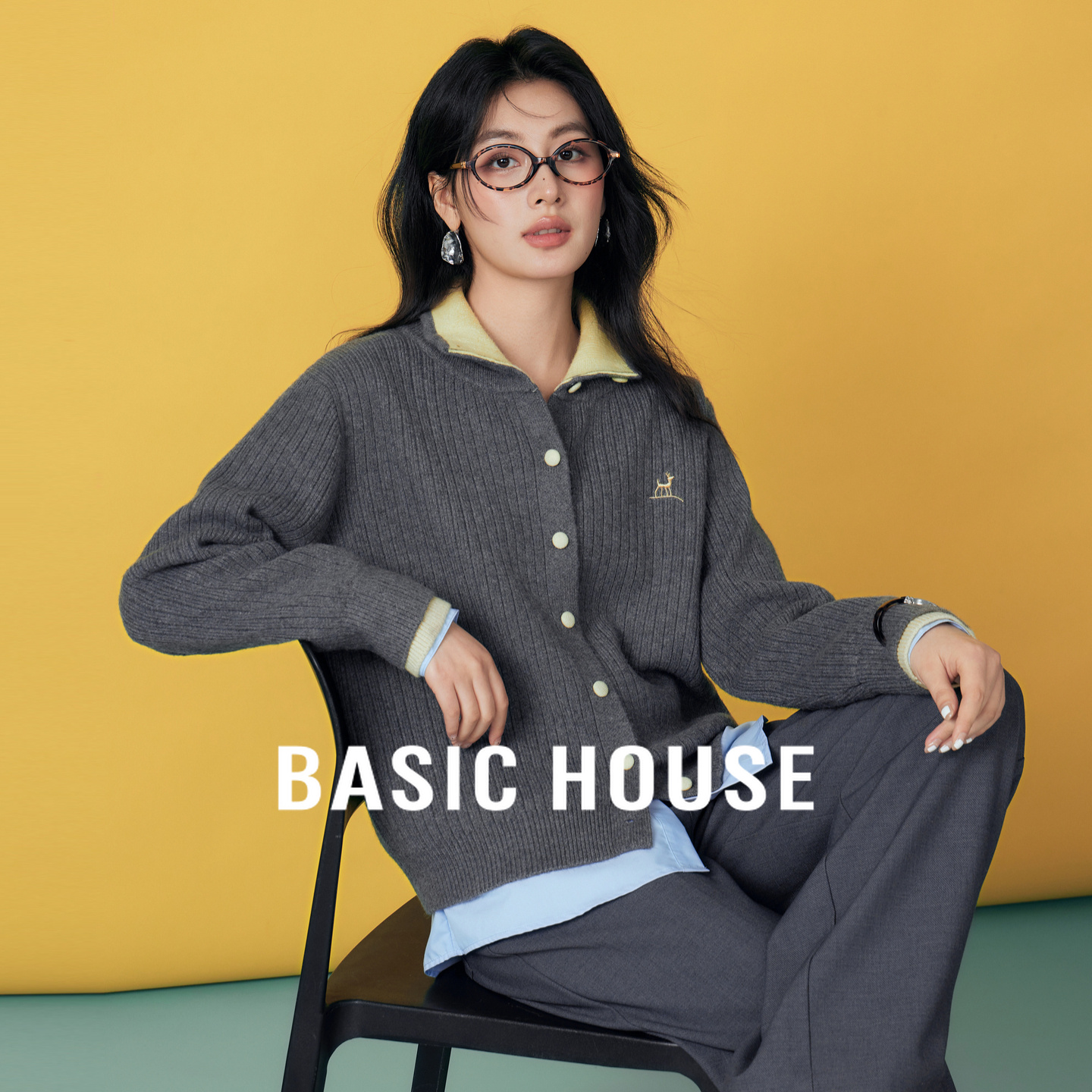 Basic House/百家好假两件翻领毛衣女秋冬新款短款小个子开衫外套