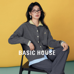 Basic House/百家好假两件翻领毛衣女秋冬新款短款小个子开衫外套