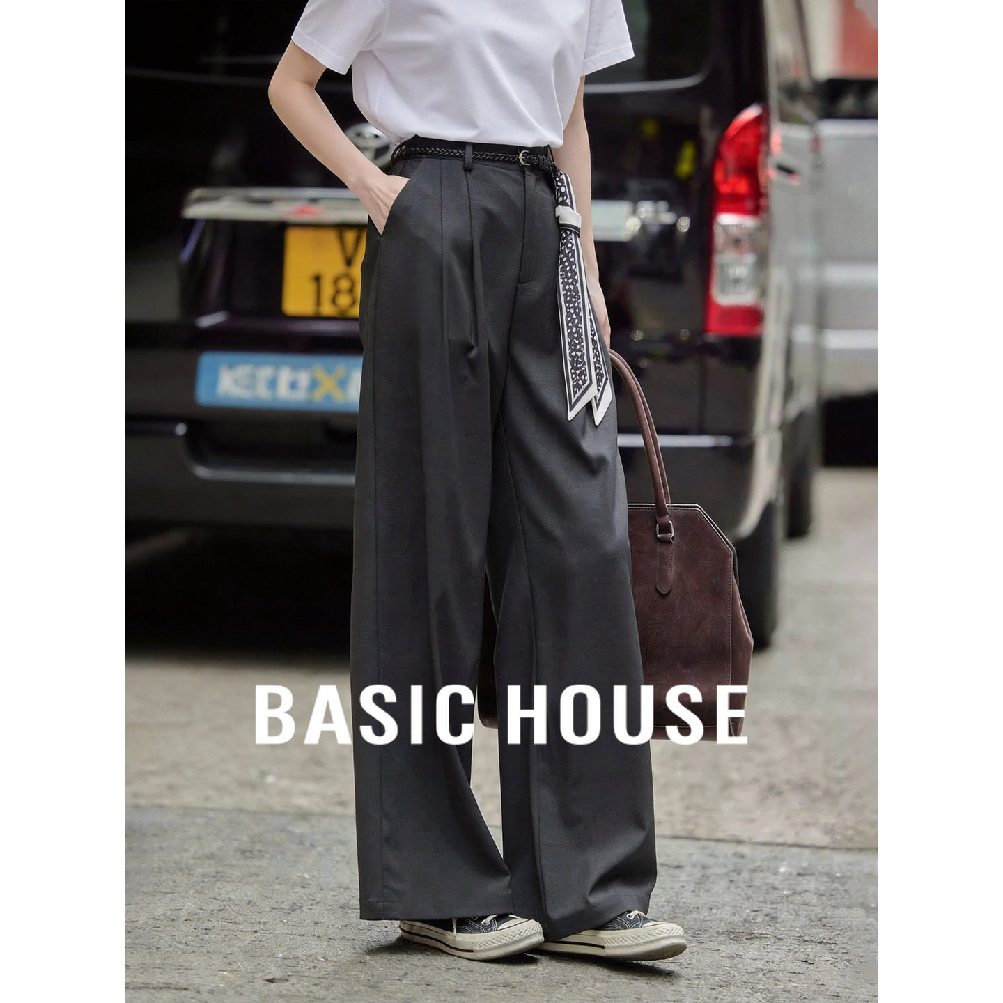 Basic House/百家好老钱风灰色西装阔腿裤女夏季垂感直筒休闲长裤