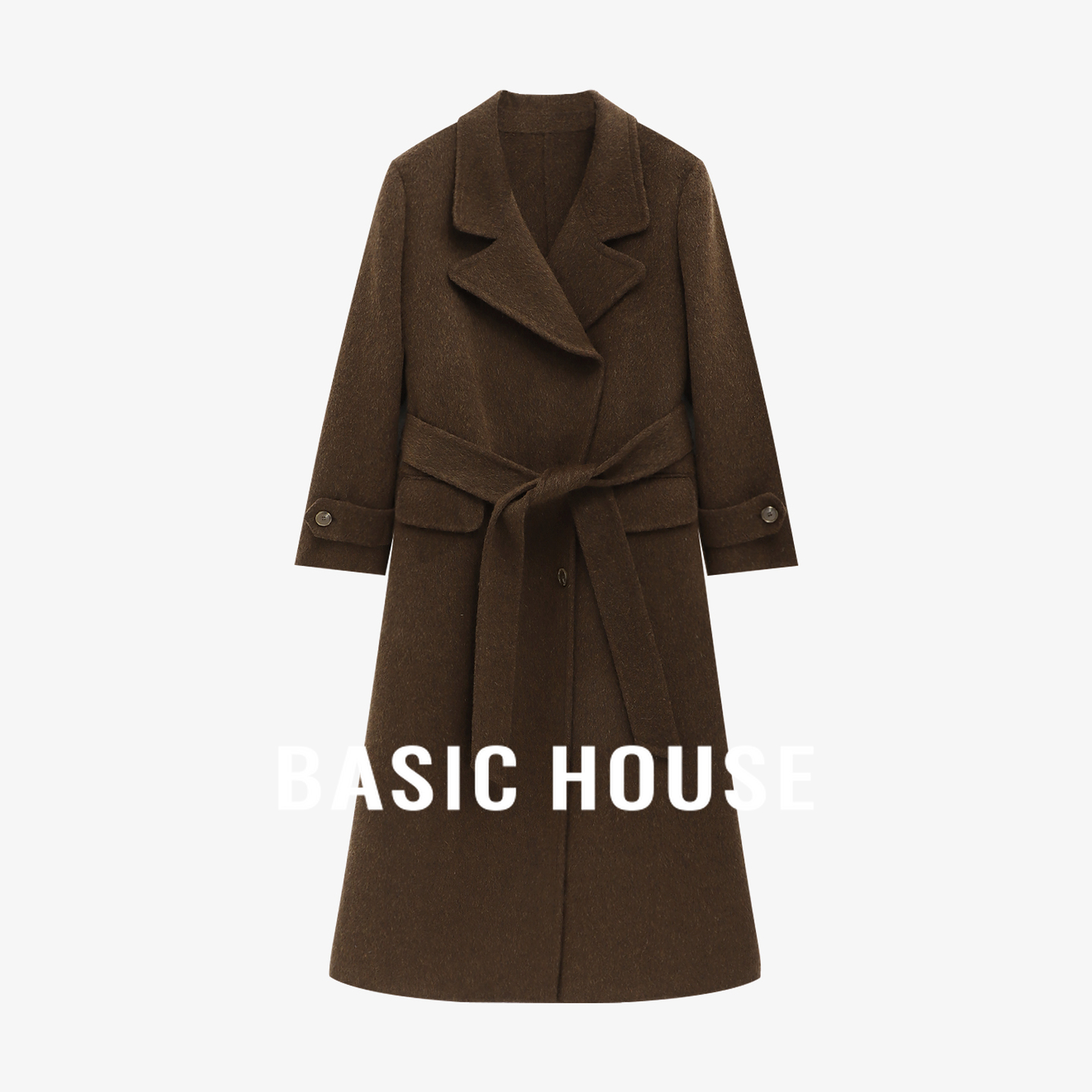 Basic House/百家好双面呢大衣女2025秋冬系带收腰高级感毛呢外套