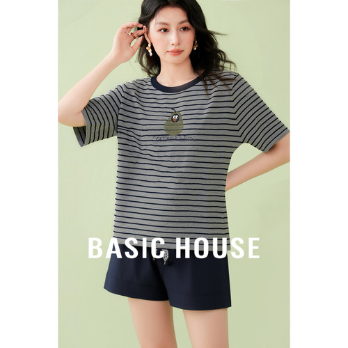 Basic House/百家好条纹牛油果刺绣针织衫夏季日常撞色圆领上衣女