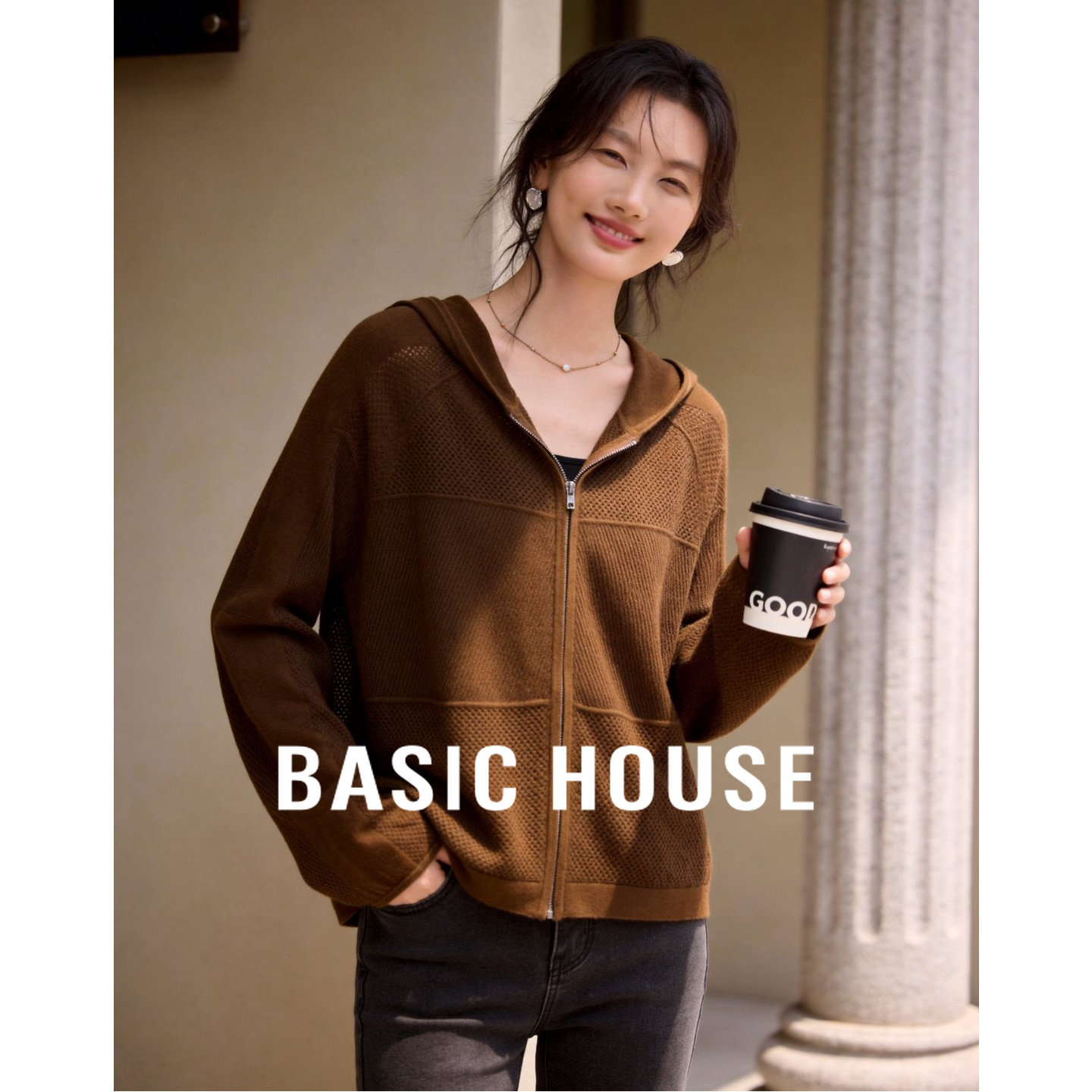 Basic House/百家好美拉德镂空连帽针织衫慵懒风宽松拉链开衫外套