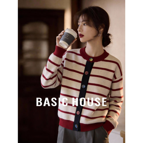 Basic House/百家好撞色条纹毛衣春季新款复古风彩扣圆领开衫外套