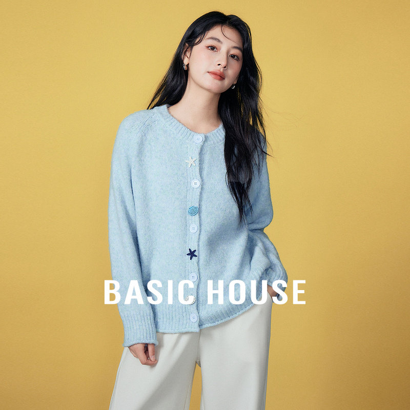 Basic House/百家好韩系排扣毛衣外套女绵羊毛纯色圆领插肩袖开衫,女装/女士精品,毛衣,淘宝优惠券,粉丝福利购,淘宝优惠卷