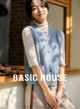 Basic House/百家好浅蓝色彩扣圆领针织马甲女春季减龄双口袋开衫