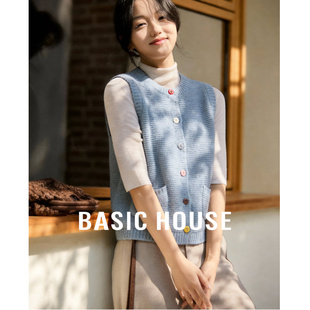 Basic House/百家好浅蓝色彩扣圆领针织马甲女冬季减龄双口袋开衫
