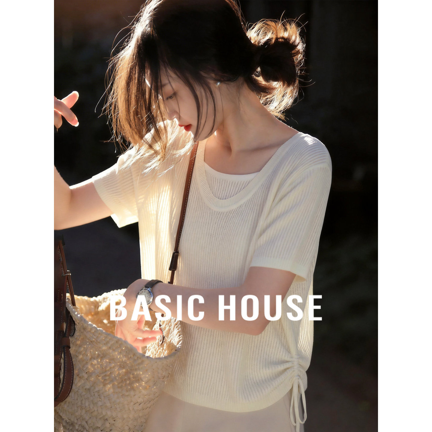Basic House/百家好松弛感U领短袖针织衫女夏季抽绳修身薄款上衣