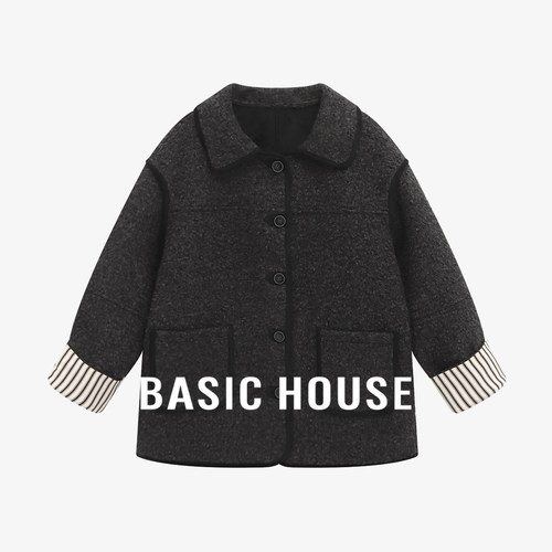 Basic House/百家好深灰色翻领仿皮毛一体外套撞色条纹宽松大衣女