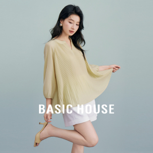 衬衫 百家好醋酸七分袖 法式 宽松纯色压褶小衫 Basic 2026夏季 House