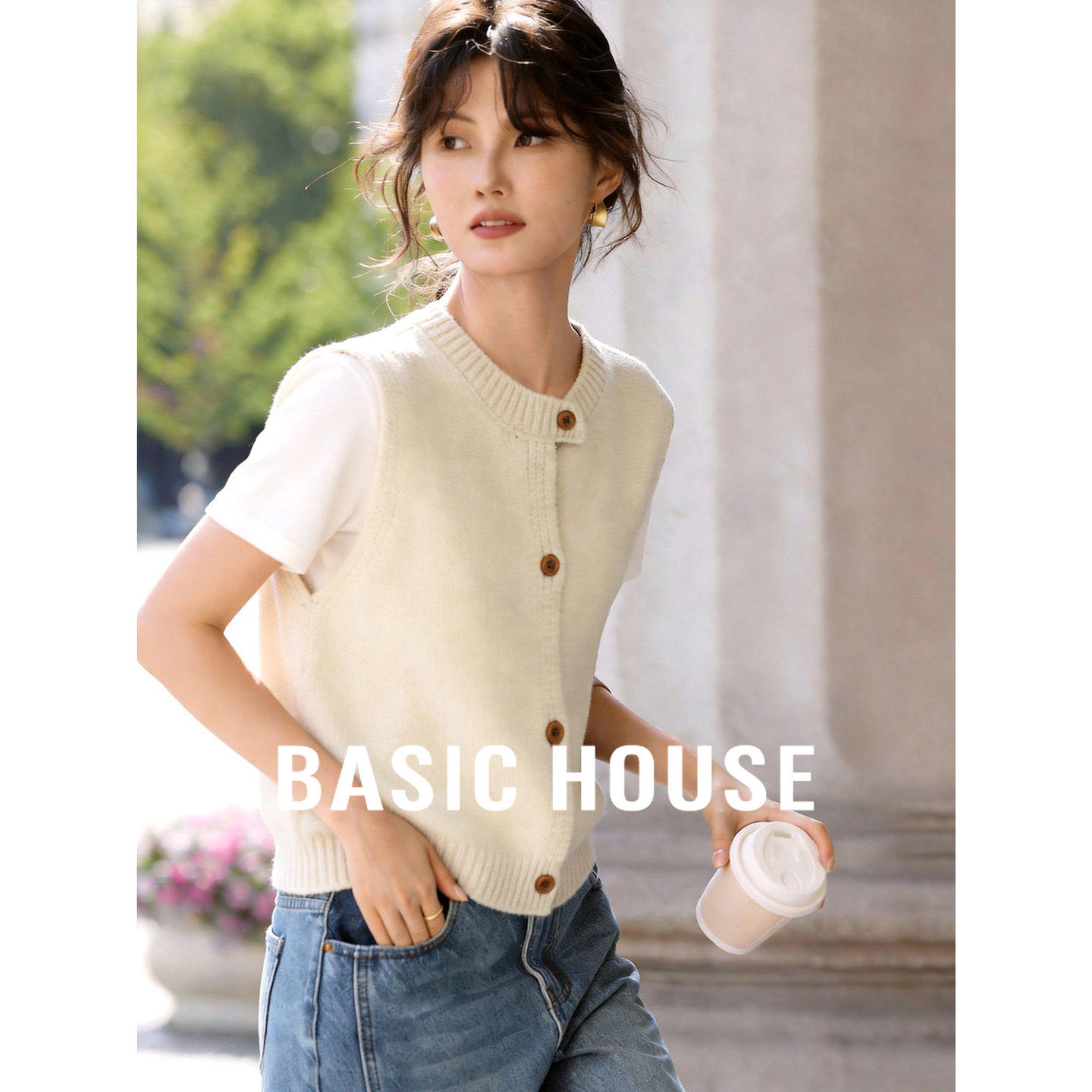 Basic House/百家好针织马甲女宽松外搭无袖开衫叠穿毛衣坎肩背心