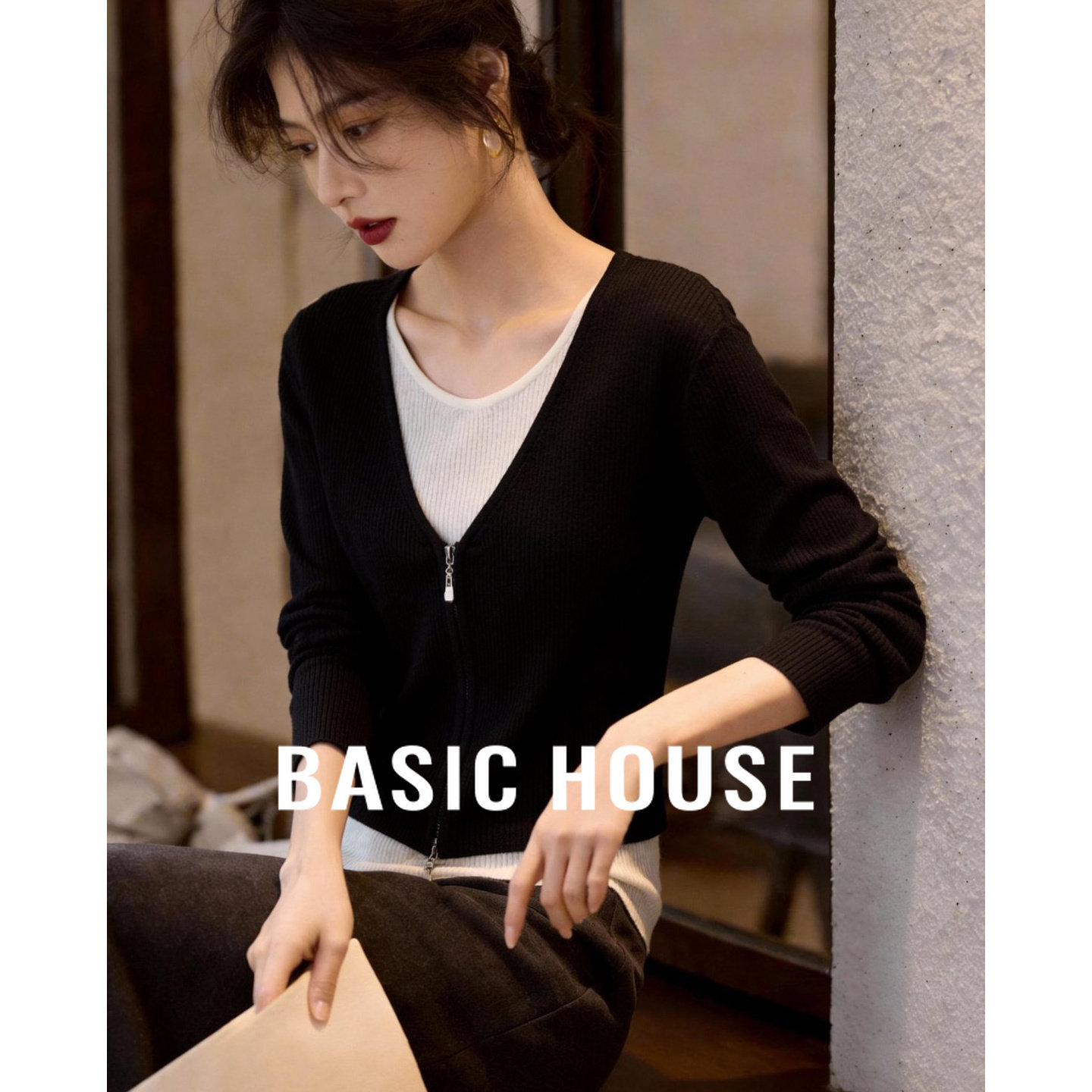 Basic House/百家好绵羊毛假两件针织衫春季新款撞色双头拉链毛衫