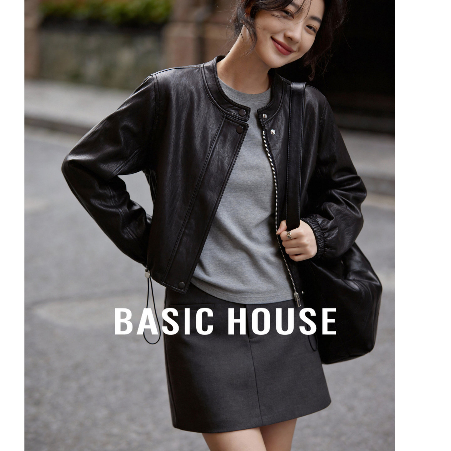 Basic House/百家好黑色短款皮衣女2026新款小个子夹克机车服外套